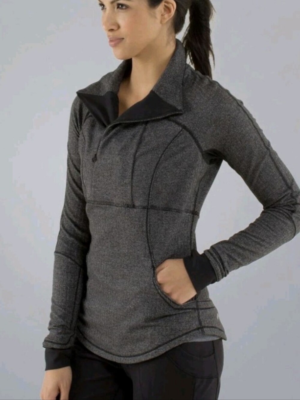 Lululemon Base Runner 1/2 Zip Heather Herringbone Black High Neck Womens Sz 4